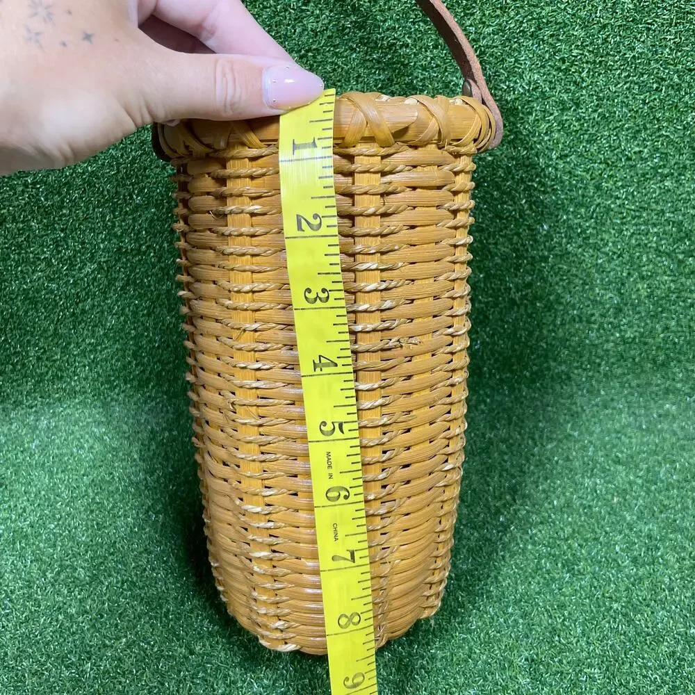 Vintage Tall Cylindrical Woven Wine Cork Basket Faux Leather Strap Handle